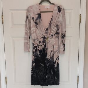 Calvin Klein Blush and Black Floral Faux Wrap Dress with Gold Accent